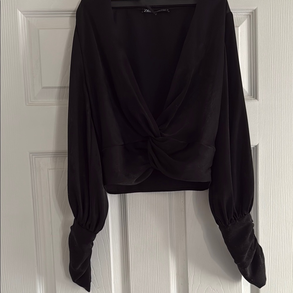 Zara Black Tie Front Long Sleeve Crop Blouse